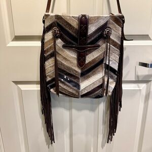 Angel Ranch Chevron Cowhide Brown Suede Large Crossbody Purse Bag Conceal Carry